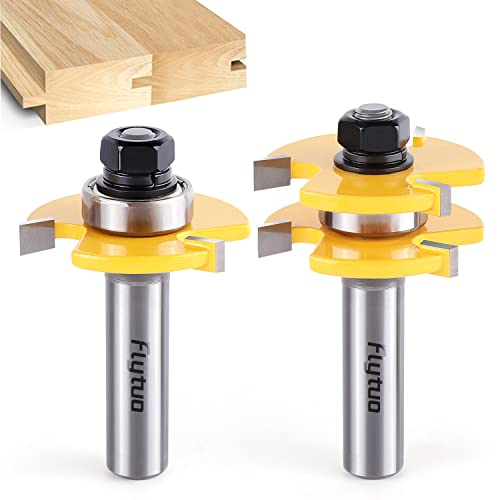 Flytuo 2PCS Tongue and Groove Router Bit Set 1/2 Shank, 3 Teeth Adjustable T Shape Wood Milling Cutter for Doors, Drawers, Shelves & Cabinet