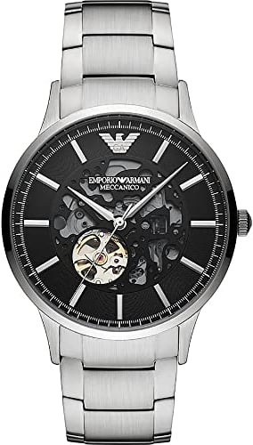 Emporio Armani Herren Automatik 3-Zeiger Edelstahluhr, 43 mm Gehäusegröße mit Edelstahlarmband
