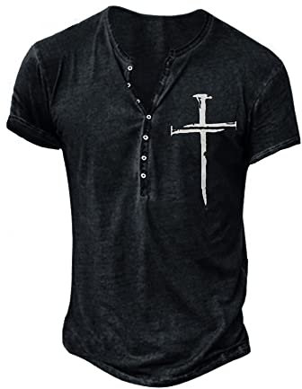 Mens Henely Shirts Vintage Distressed Summer Tops Button Up Blouse Short Sleeve Casual Tee Shirts DT9 Black XL