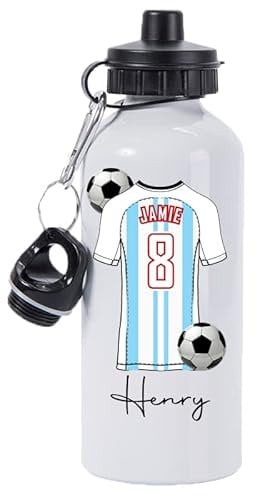 Pickhut Personalised World Cup 2022 Football 600ml White Aluminium Sports Water Bottle | Customised with Name/Number/Text on Jersey Shirt Design | Back to School Gift for Kid (Argentina)