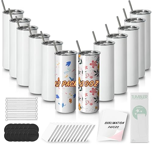 MURRICON Tumbler a sublimazione 20 once Skinny dritto, in acciaio inox sublimazione vuoto, bicchieri a sublimazione a doppia parete, con coperchio e cannuccia, confezione da 12