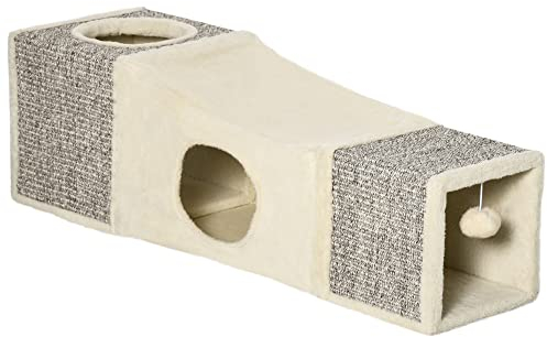 PawHut Túnel para Gatos de Interior Tubo de Juguete para Gatos Plegable con Múltiples Entradas Casetas de Sisal y Bola Colgante 98x30x30 cm Crema