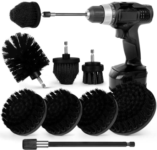 Drill Brush Attachment Set, 7 Pack 1/4in Power Scrubber Brush + Extend Long Attachment, Brush Drill Attachment, Power Cleaning Scrub Brush for Bathroom, Tub, Tile, Corner, Floor（Black）