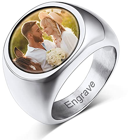 Custom4U Anpassbarer Herren Damen Foto Fingerring Silber Edelstahl Glänzender Runder Siegelring Herren mit Bildgravur für Männer Jungen Frauen Mädchen Modeschmuck Accessoires