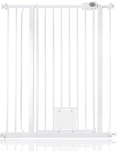 Bettacare Pet Gate with Lockable Cat Flap, 87.9cm - 95.5cm, White, 104cm in Height, Extra Tall Dog Safety Barrier with Cat Flap, Easy Installation