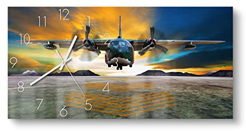 DEQORI Glasuhr | vertikal 60x30 cm | Motiv Landendes Flugzeug | große XXL Design Uhr aus Glas | leise Wanduhr für Wohnzimmer & Küche | moderne Hingucker Uhr für die Wand