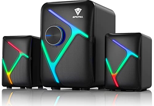 SPKPAL Altavoces de computadora 2.1 para escritorio con subwoofer, altavoces RGB dinámicos para PC con sonido estéreo de 11 W, sistema de altavoces multimedia alimentado por USB con entrada auxiliar