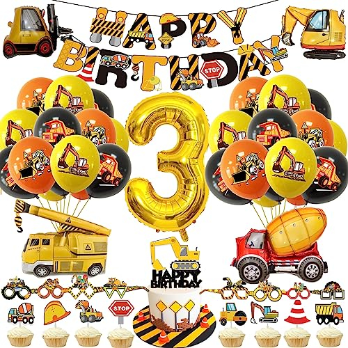 VUCDXOP Bagger Geburtstag Deko Set 3 Jahre, Baustelle Kindergeburtstag Party Dekoration, Luftballons, Folienballon für Jungen