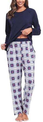 Lovasy Pyjama Coton Femme Long Ensemble de Pijama Hiver Chaud Vêtement de Nuit 2 Pièces Cofortable Haut à Manches Longues Sleepwear Maison Costume à Carreaux Bleu S
