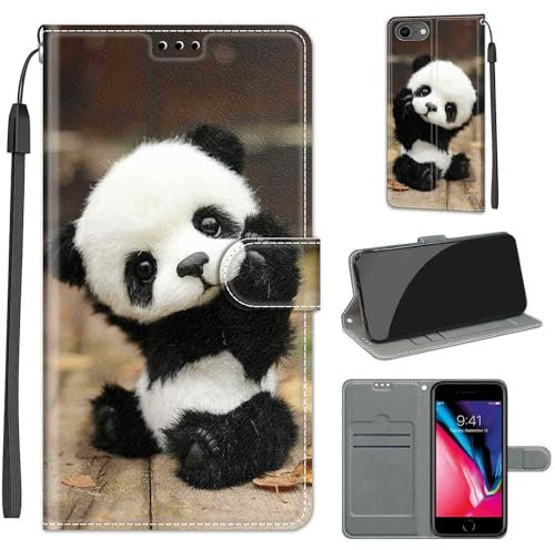 KENHONER Handyhülle für iPhone SE 2022 Hülle/SE 2020 Hülle, iPhone 8/7 Hülle, Premium Leder Flip Klappbare Stoßfeste Magnetische [Standfunktion] [Kartenfächern] Schutzhülle Tasche - Panda