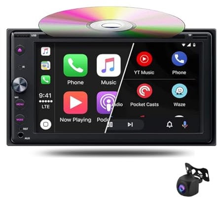 Autoradio Bluetooth 2 DIN da 6,2 Pollici con Lettore CD/Dvd, CarPlay Wireless e Android Auto Autoradio Touch Screen Supporta FM/AM Mirror Link USB/TF/AUX+Fotocamera di Backup