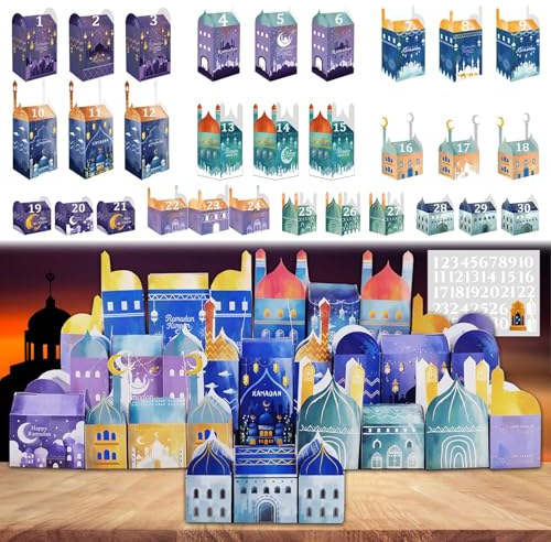 TZEKING 30 Stück Ramadankalender zum Befüllen,Eid Mubarak Geschenkboxen,Mit 30 Nummerierten Aufklebern,Ramadan Dekoration Papierschachtel,Eid-Geschenkboxen,Islamische muslimische Dekoration