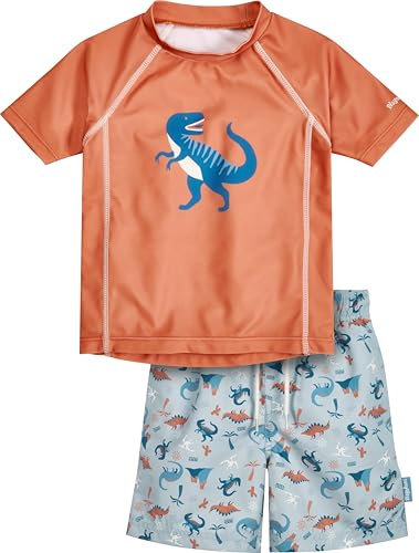 Playshoes Unisex Kinder UV-Schutz Bade-Set zweiteilig Schwimmshirt Badeshorts Badebekleidung, Dino Ocker, 122/128