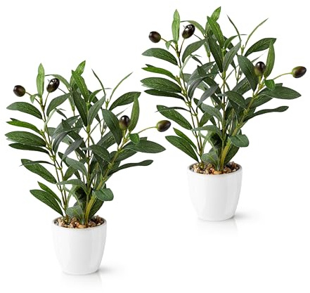 PASCH® 2er Set künstlicher Olivenbaum (26cm) in weißen Keramiktöpfen: Kunstpflanzen wie echt | Künstliche Pflanzen im Topf | Fake Plant: Olive Tree | Olivenbaum künstlich klein | Kunstblumen im Topf