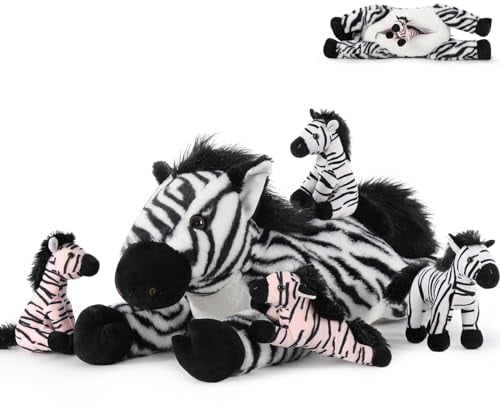 MorisMos 64cm riesen Zebra Kuscheltier XXL mit 4 Baby im Bauch, groß Plüschpferd XXL, Flauschiger Stofftier Plüschtier Zebra Geschenk für Kinder