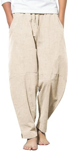 COOFANDY Herren Leinenhosen Sommer Hippie Hose Männer Yogahose Strandhose Lange Hosen mit Taschen Khaki S