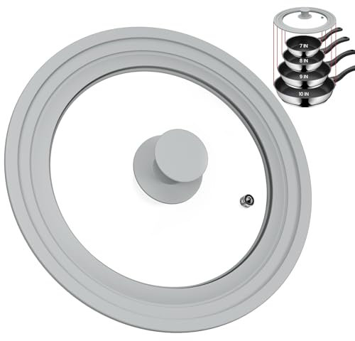 TOPULORS Universal Lid for Pots, Pans, and Skillets - Tempered Glass Lid with Silicone Rim Fits 8, 9, 9.5 Inner Diameter Cookware Frying Pan Cover Replacement Lid - Dishwasher Safe, Grey