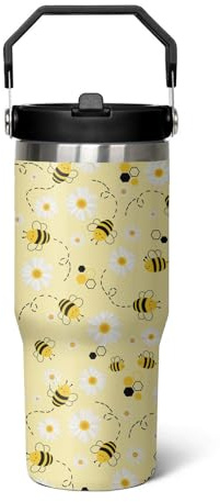 qwpmvhsak 30 oz Bee tumbler With Handle Lid and Straw,Queen Bee Iceflow Flip Straw Coffee Mug Cup Tumbler Water Bottles,Honey Bee themed Gifts for Women Daisy Flowers,Bee Decor