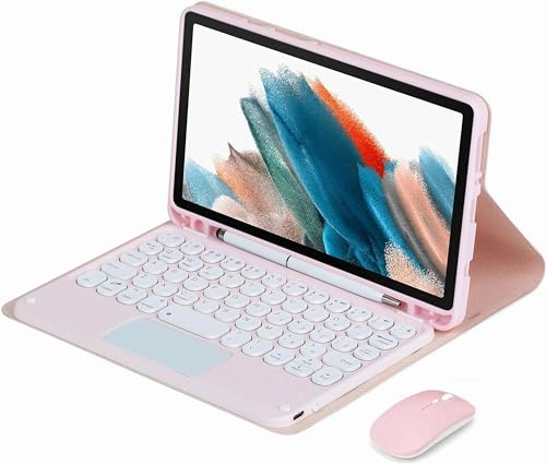 CLALOC Teclado Funda con Touchpad para Samsung Galaxy Tab A7 Lite 8.7 2021 (SM-T220/T225), Funda Folio De Piel con Teclado Redondo A Color con Ratón para Tab A7 Lite 8.7,Light Pink