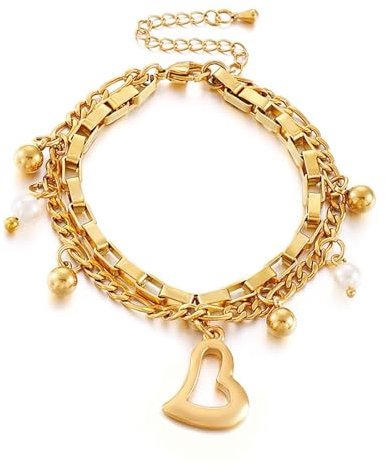Dsnyu Bracelet Women Heart, Armband Gold Edelstahl Doppelschichtige Kette Damen Schmuck für Geburtstag