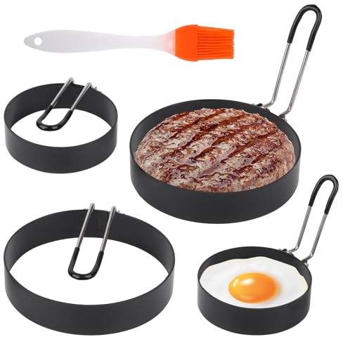 VMUTGA 4 Stück Edelstahl Antihaft-Eierringe Eierringe,Spiegeleiform,Eierformer,mit Klappgriffen und Ölpinsel, Spiegeleiform Ei Ring zum Kochen von Spiegelei/Pfannkuchen/Omeletts und Mehr