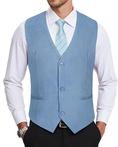 HISDERN Chaleco Hombre Azul Claro Formal Elegante Chalecos de Vestir Hombre para Boda Fiesta Negocio Clásico Color Liso Traje con Bolsillo XL