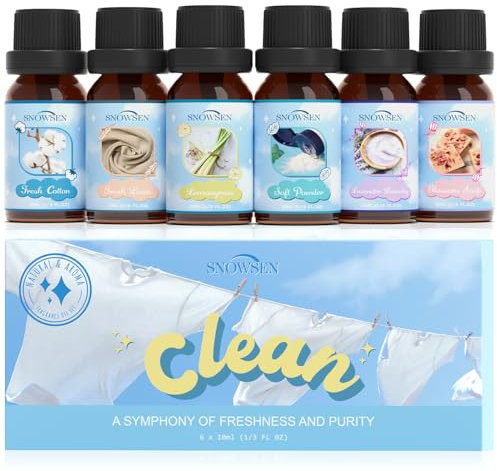 SNOWSEN Clean Essential Oils Set, Fragrance Oils for Diffuser, Candle, Soap Making, Fresh Cotton, Fresh Linen, Lemongrass, Soft Powder, Lavender Laundry, Blossom Soap Scented Oils for Aromatherapy