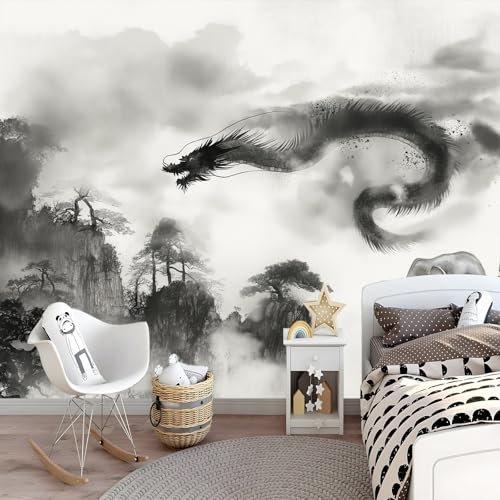 Fototapeten Chinesischer Drache In Tuschemalerei Wandtapete Vlies Wand Tapete- 200 x 140 cm Nebliger Wald Tapete- Schlafzimmer Büro Flur Dekoration Wandbilder Moderne Wanddeko Fototapete