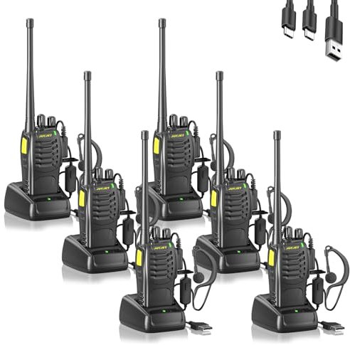 JUCJET (confezione da 6) Walkie Talkie 888HD, 16 canali, inclusi auricolari, cavo Type-C, base di ricarica USB, con abbinamento con un clic, riduzione del rumore vocale e crittografia digitale (nero)