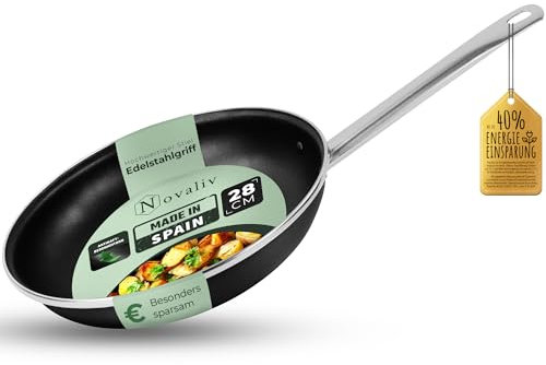 Novaliv Energiesparpfanne 28 cm Einsparung bis zu 40% - Emaillierter Stahl, Antihaft Beschichtung innen, sehr leicht zu reinigen, Schwarz Pfanne für alle Herdarten Spülmaschinenfest Edelstahlgriff