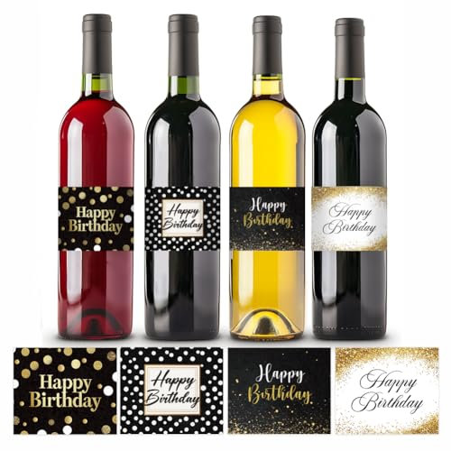 PH PandaHall Etiquetas adhesivas para botellas de vino, 40 unidades, 4 estilos de 4 x 3.3 pulgadas, calcomanías negras y doradas para vino, boda, compromiso, aniversario, cóctel, fiesta, suministros