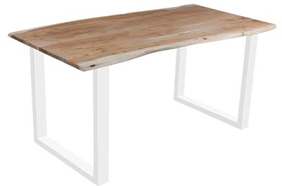 SAM Esszimmertisch 180x90 cm Quinn, echte Baumkante, eichefarben, massiver Esstisch aus Akazienholz, Metallbeine Weiß, Baumkantentisch