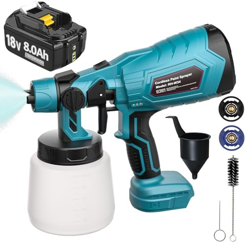 Cordless paint spray gun + 8.0Ah Replacement Battery, Handheld paint spray gun suitable for garden fence, wall, furniture, ceiling paint sprayer. 1000ML paint spray system suitable for Makita BL1830 B