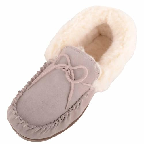 ABSOLUTE FOOTWEAR Womens Wool Lined Suede Moccasin, Wool Cuff and Hard Sole
