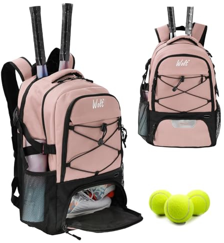 WOLT Tennis-Rucksack für Herren und Damen, große Tennisschlägertasche mit belüftetem Schuhfach für 2 Tennisschläger, Pickleball-Bälle