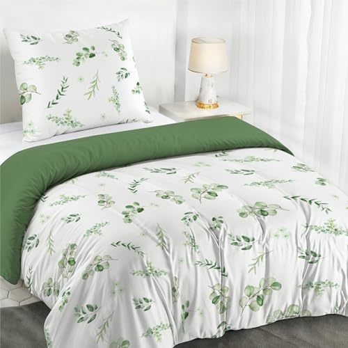 Dreamzie - Bettwäsche Set 135x200 cm Botanic-Motiv Salbeigrün mit 1 Kissenbezügen 50x70 cm - Bettwäsche 135x200 Einzelbett aus 100% Mikrofaser - Zertifiziert ohne Chemikalien (Oeko TEX)