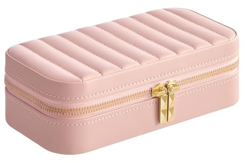 SONGMICS HOME ANAH Collezione - Portagioie da Viaggio, Piccola Scatola Porta Gioielli con Specchio, 10,5 x 20,5 x 6 cm, PU con Cucitura, Portatile, Cerniere, Idea Regalo, Rosa Pastello JBC180S01