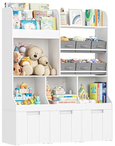 HOCSOK Kid‘s Toy Storage Unit, Children's Toy Box Organiser with 6 Non-woven Fabric Bin, Childrens Bookcase with 3 Drawers and Wheels for Nursery, Kindergarten, Playroom, White