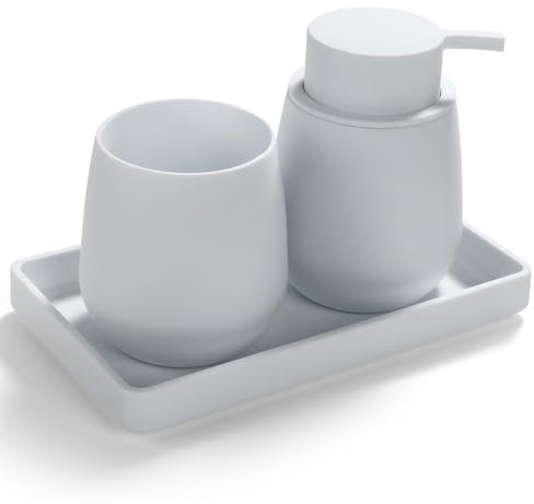 AJEUNGAIN Juego de Baño Accesorios, Set de Baño Moderno - Dispensador de Jabón, Soporte Cepillo de Dientes, Bandeja para Organizar (Blanco-3 Piezas)