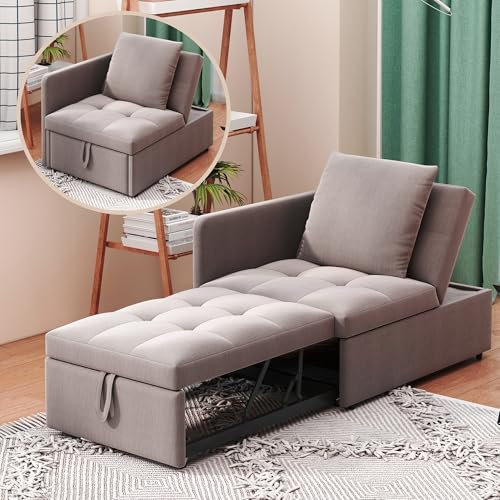 Transplant 3-in-1 Schlafsofa mit 5-Fach Verstellbarer Rückenlehne & Kissen – Umwandelbares Sofa/Sessel/Bett aus Leinenstoff, Platzsparend für kleine Wohnung/Homeoffice