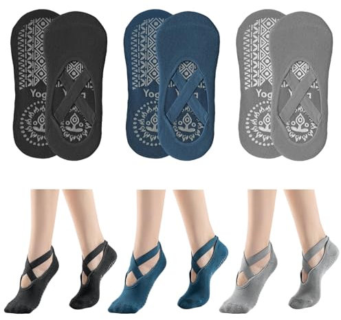 NHDDGR Calzini Pilates Donna Antiscivolo Con Cinturino, 3 Paia Calze Yoga Grip Traspiranti Taglia Unica (Eu 35-40), Allargare La Cinghia per Fitness, Danza, Allenamento, Barre, Palestra