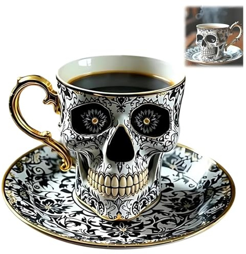 Taza de café con calavera, juego de taza y platillo de té espeluznante en 3D para Halloween, juego de tazas de té con calavera y ribete dorado, taza de café decorativa de porcelana gótica (#B)