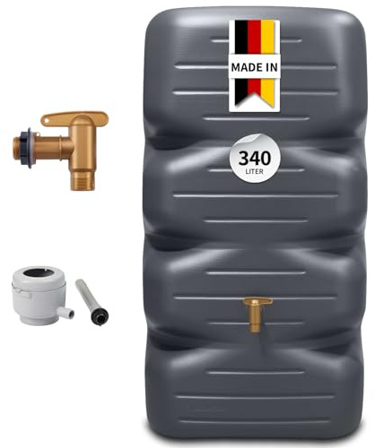 GARANTIA CUBUS Regentonne Komplett-Set 340 Liter Graphite Grey Kompakter | Regenwassertank mit Auslaufhahn, Fallrohranschluss, platzsparender Gartentank, Wassertonne für Garten & Terrasse
