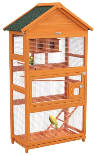 PawHut Voliera per Uccelli 3 Porte con Casetta 92x52x171 cm Arancione Verde | Scaletta, Vassoio Estraibile, Gabbietta per Uccelli, Legno di Abete e Metallo