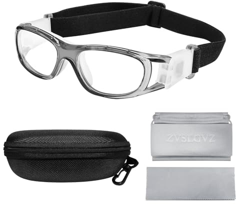 ZVSLGVZ Kinder-Sportschutzbrille, Sportschutzbrille, Basketballbrille, Fußballbrille, austauschbare Gläser mit Sehstärke (klarer, grauer Rahmen mit weißen Pads)