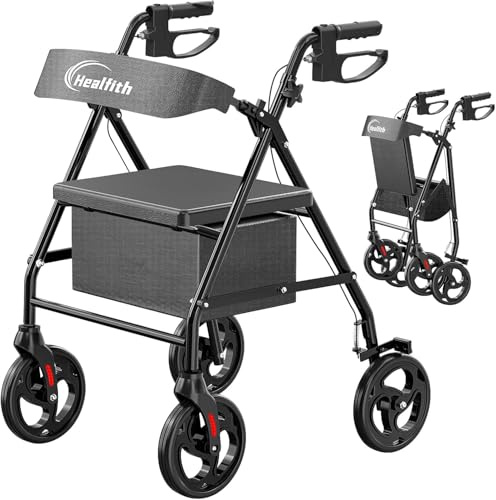 Healfith Rollator Faltbar und Leicht mit Sitz – Schmaler Rollator für Wohnung, Klapprollator für Senioren mit Aufbewahrungs tasche, 5-fach Höhenverstellbar, Tragfähigkeit 150 kg