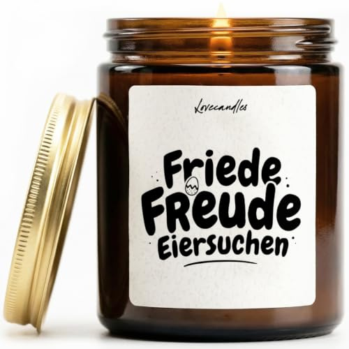 Friede Freude Eiersuchen - Duftkerze mit Spruch als Geschenk für Ostern, Familie & Freunde, Lustige Vanille Duftkerzen im Glas