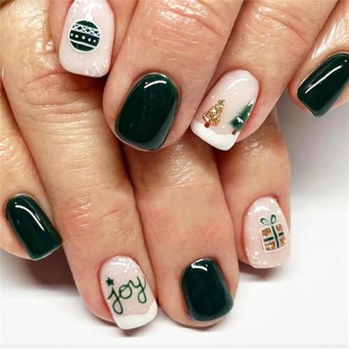 Faux ongles vert foncé avec sapin de Noël - Couverture complète - À coller sur un arbre artificiel