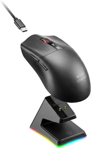 Mars Gaming MMW-ELITE, Mouse Wireless Gaming, Bluetooth 5.4 + 2.4GPRO + Cavo, Sensore Ottico PixArt PAW3311PRO 20000 DPI, Ultralight 69g, 6 Pulsanti, Schermo OLED, Base di Ricarica Magnetica RGB, Nero