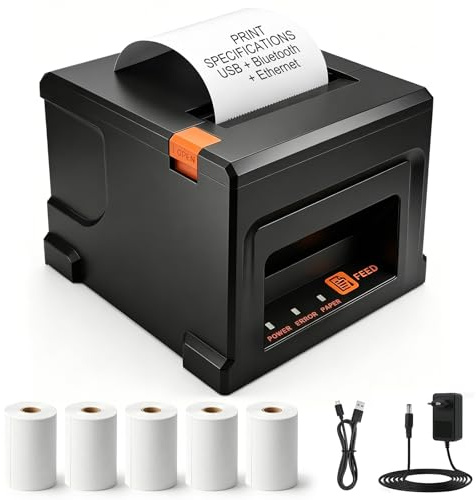 Bondrucker 80mm, Versandetiketten Drucker, USB & Bluetooth& LAN Verbindung | Etikettendrucker, 220mm/s, Inkl 5 Rollen Papier, Für Gastronomie & Einzelhandel, Unterstützung von ESC/POS